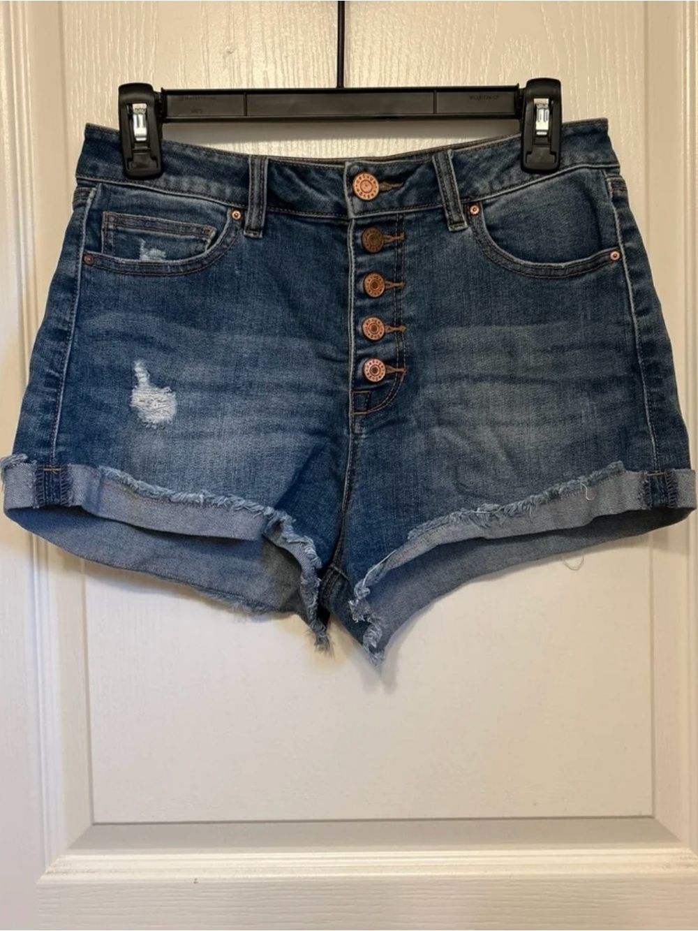 refuge Distressed Dark Blue Button-Front Denim Shorts